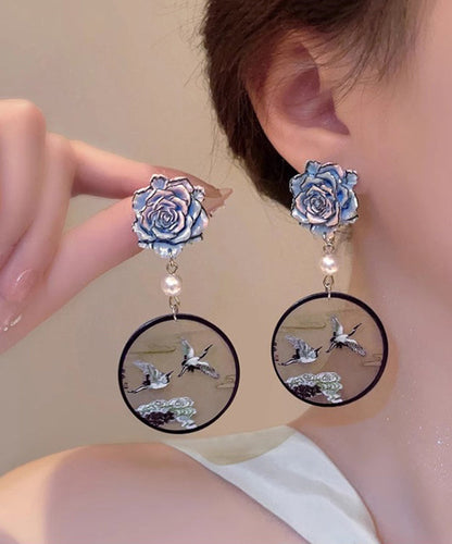 Chinese Style Blue Sterling Silver Floral Pearl Crowned Crane Drop Earrings QQ023 JEW-EAR240811