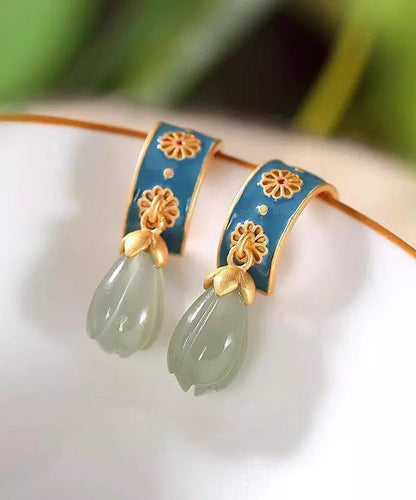 Chinese Style Blue Sterling Silver Overgild Inlaid Jade Floral Hoop Earrings TS020