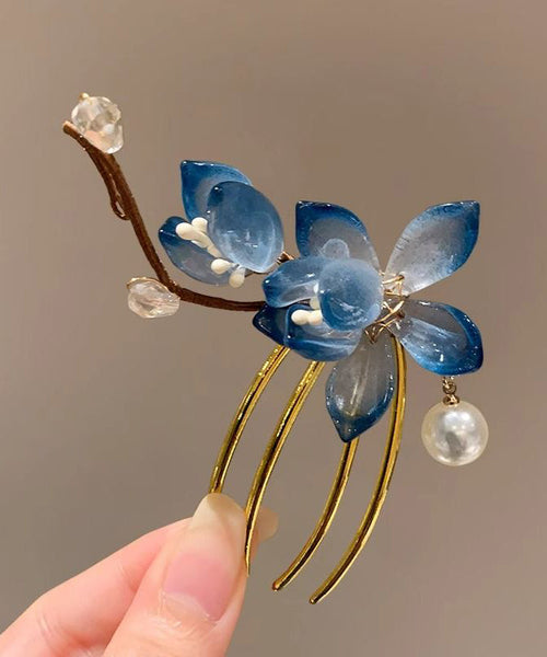 Chinese Style Blue Sterling Silver Overgild U Shaped Floral Hairpin AB1071 Genistyle Shop