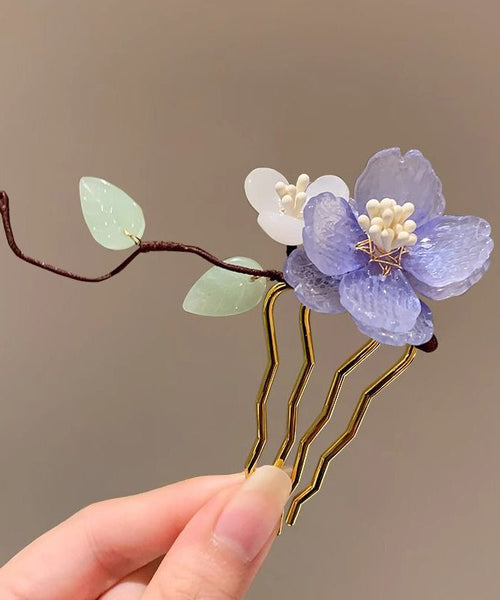 Chinese Style Blue Sterling Silver Overgild U Shaped Floral Hairpin AB1071 Genistyle Shop