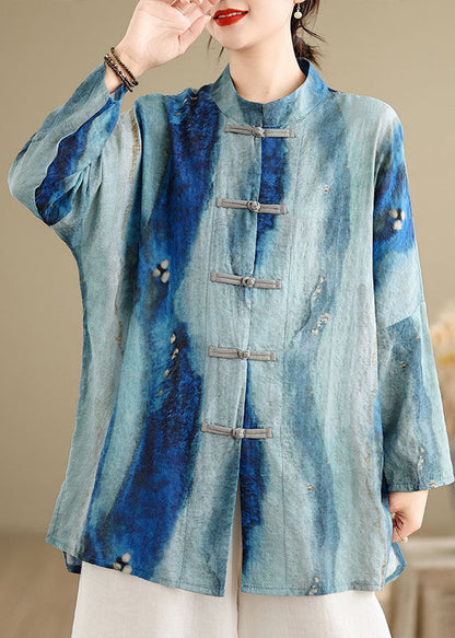 Chinese Style Blue Tie Dye Oriental Button Cotton Shirts Spring TJ013