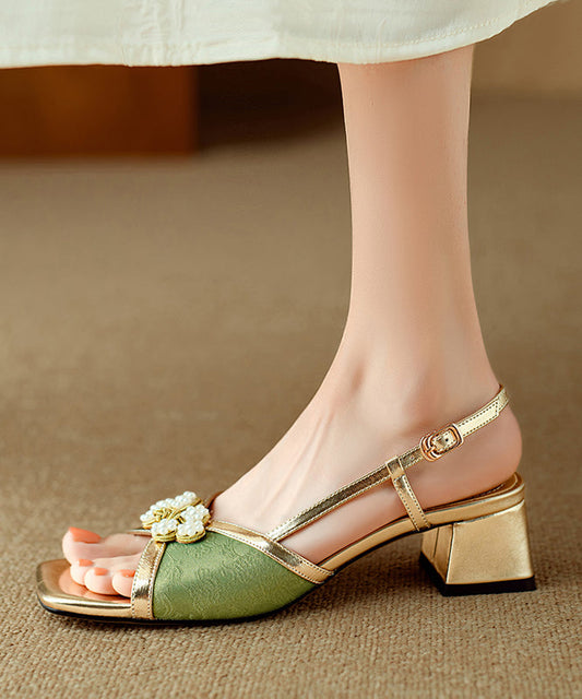 Chinese Style Chunky Sandals Green Cowhide Leather Peep Toe WT022 shoe-LX241030