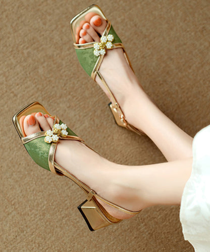 Chinese Style Chunky Sandals Green Cowhide Leather Peep Toe WT022 shoe-LX241030