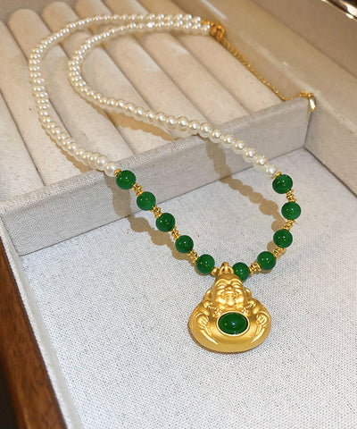 Chinese Style Colorblock Copper Alloy Pearl Buddha Statue Pendant Necklace YI045 ABC