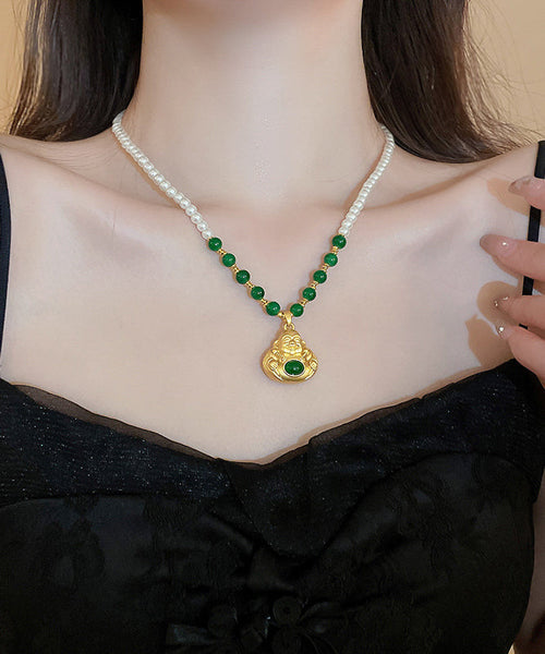 Chinese Style Colorblock Copper Alloy Pearl Buddha Statue Pendant Necklace YI045 ABC