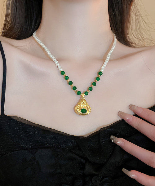 Chinese Style Colorblock Copper Alloy Pearl Buddha Statue Pendant Necklace YI045 ABC