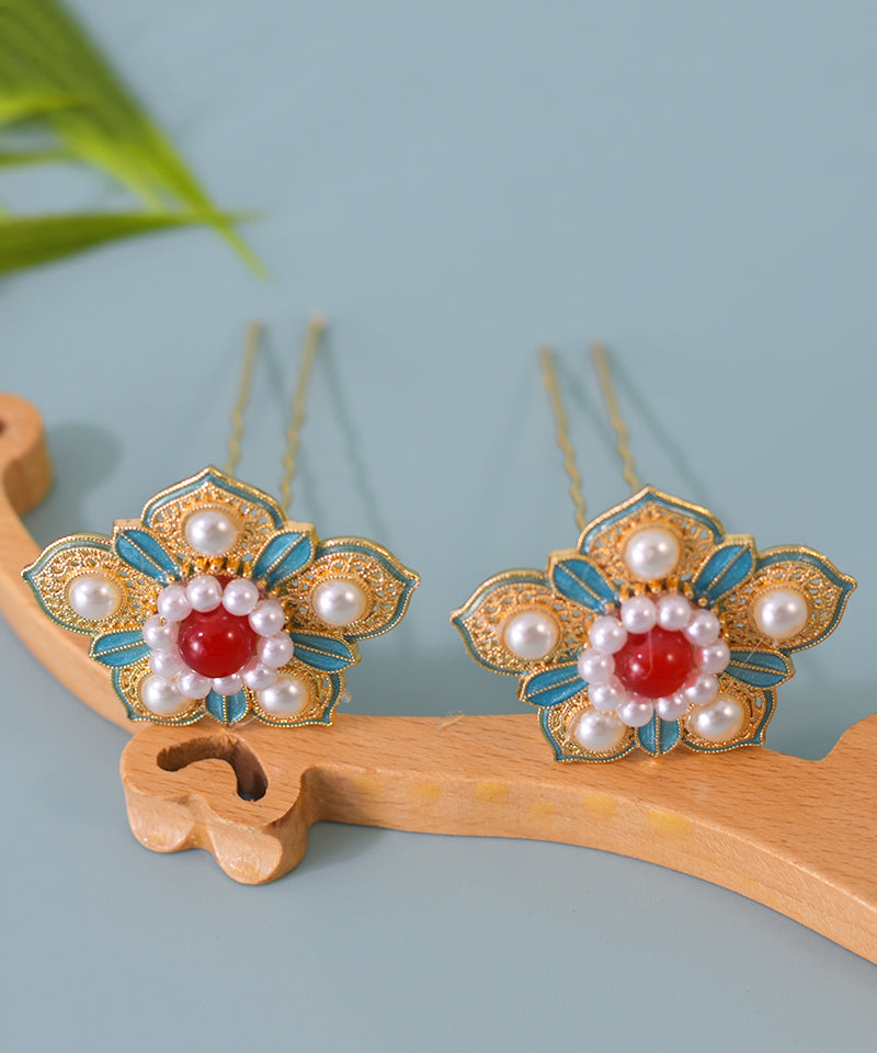 Chinese Style Colorblock Sterling Silver Overgild Pearl Enamel Floral Hairpin WI042 JEW-HAI241105