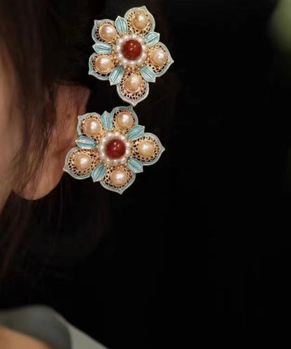 Chinese Style Colorblock Sterling Silver Overgild Pearl Enamel Floral Hairpin WI042 JEW-HAI241105