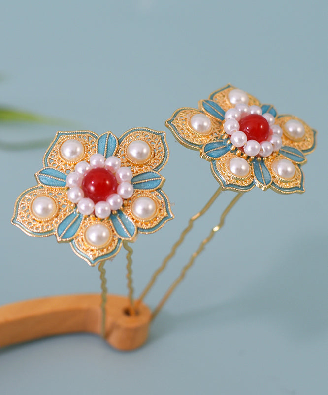 Chinese Style Colorblock Sterling Silver Overgild Pearl Enamel Floral Hairpin WI042 JEW-HAI241105