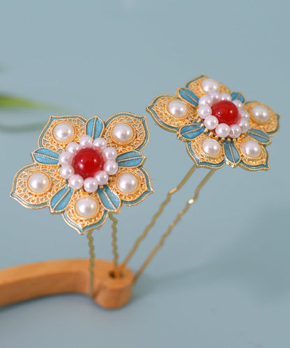Chinese Style Colorblock Sterling Silver Overgild Pearl Enamel Floral Hairpin WI042 JEW-HAI241105