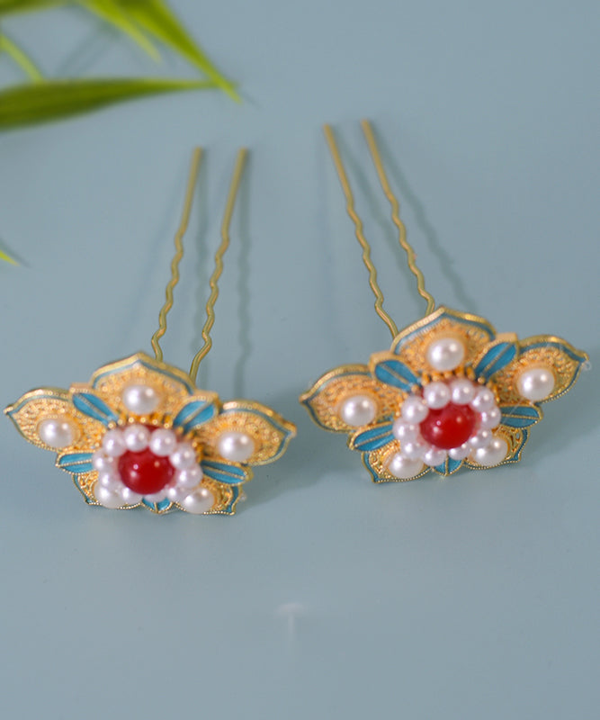 Chinese Style Colorblock Sterling Silver Overgild Pearl Enamel Floral Hairpin WI042 JEW-HAI241105