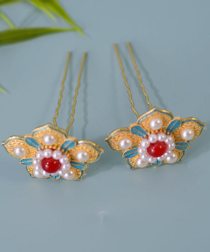Chinese Style Colorblock Sterling Silver Overgild Pearl Enamel Floral Hairpin WI042 JEW-HAI241105