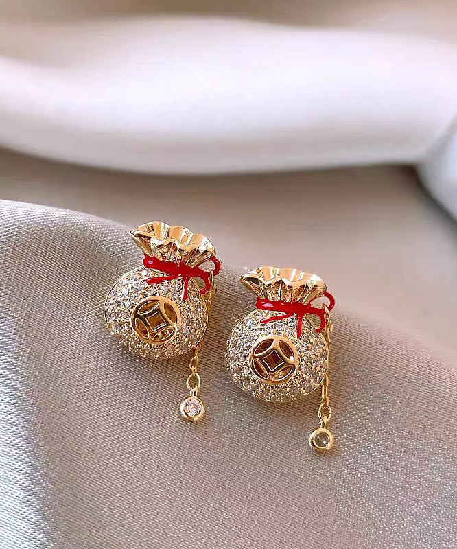 Chinese Style Copper 14K Gold Zircon Blessing Bag Tassel Stud Earrings WZ006 ABC