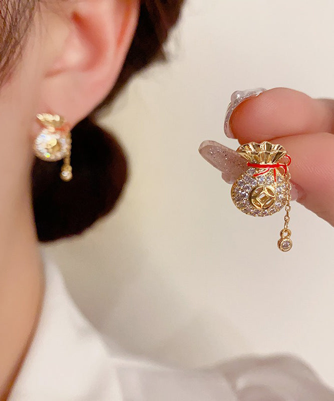 Chinese Style Copper 14K Gold Zircon Blessing Bag Tassel Stud Earrings EY010 ABC