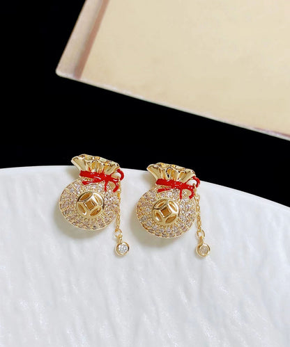 Chinese Style Copper 14K Gold Zircon Blessing Bag Tassel Stud Earrings EY010 ABC