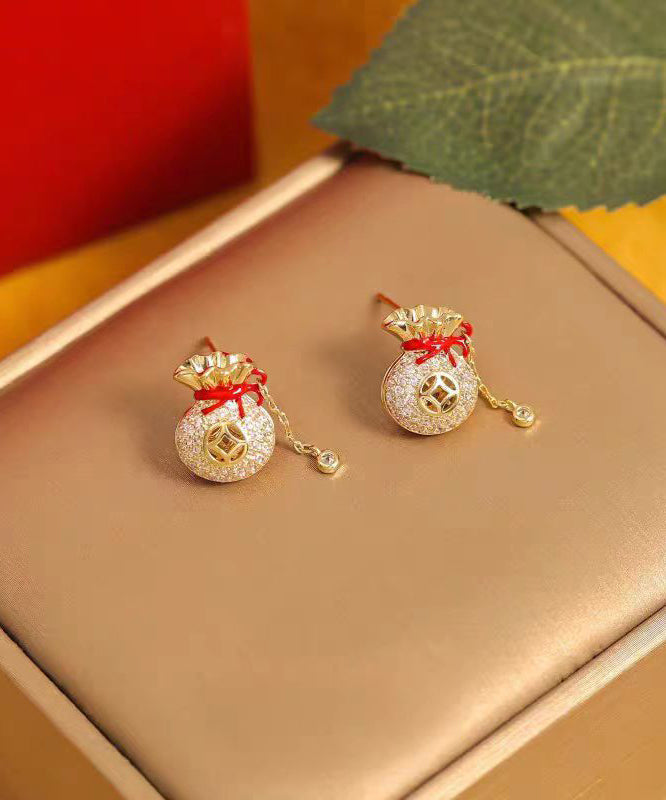 Chinese Style Copper 14K Gold Zircon Blessing Bag Tassel Stud Earrings EY010 ABC