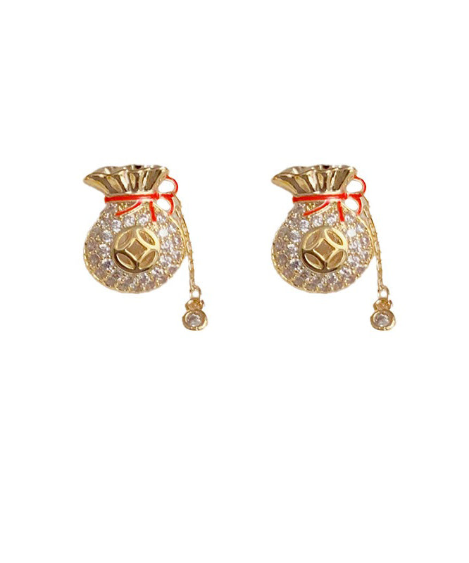 Chinese Style Copper 14K Gold Zircon Blessing Bag Tassel Stud Earrings EY010 ABC