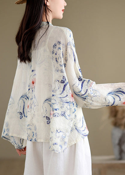 Chinese Style Cyan Stand Collar Print Shirts Long Sleeve AP059 GK-LTP240718