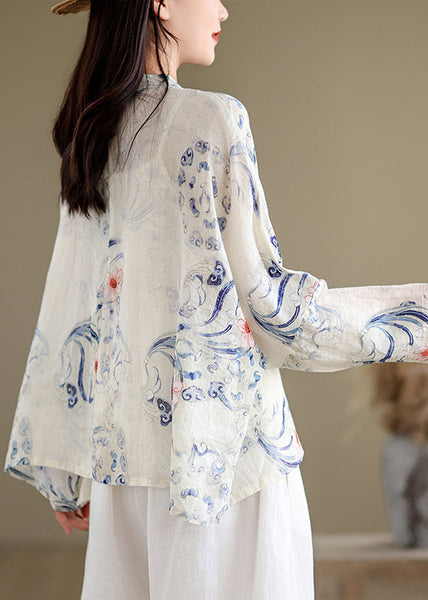 Chinese Style Cyan Stand Collar Print Shirts Long Sleeve AP059 GK-LTP240718