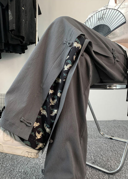 Chinese Style Dark Grey Fake Two Thin Ice Silk Men Pants Summer YT055 Men-Silk-MENP240721
