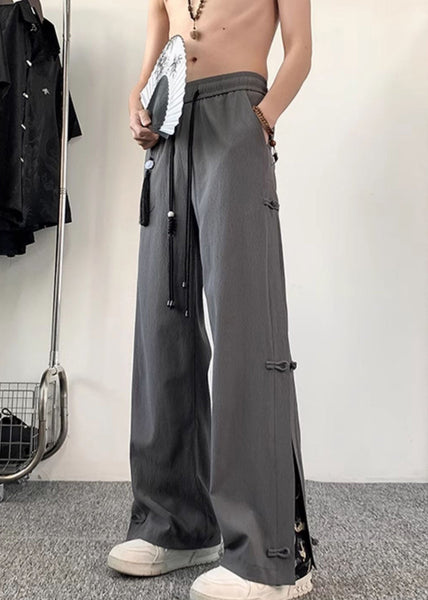 Chinese Style Dark Grey Fake Two Thin Ice Silk Men Pants Summer YT055 Men-Silk-MENP240721