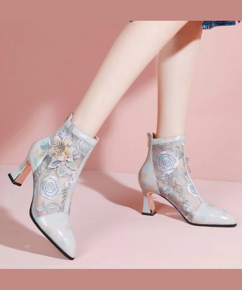 Chinese Style Embroidered Mesh Patchwork Chunky Heel Boots CZ1029 Ada Fashion