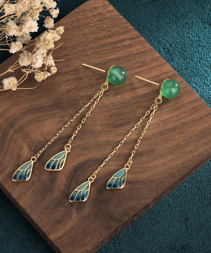 Chinese Style Gold Ancient Dharma Gold Jade Cloisonne Feather Tassel Drop Earrings AC1077 Genistyle Shop