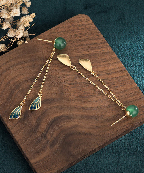 Chinese Style Gold Ancient Dharma Gold Jade Cloisonne Feather Tassel Drop Earrings AC1077 Genistyle Shop