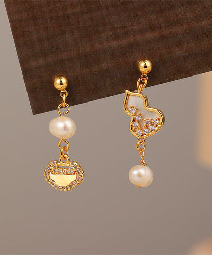 Chinese Style Gold Copper Overgild Pearl Zircon Drop Earrings QI070 JEW-EAR240928