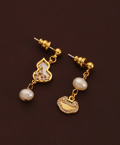 Chinese Style Gold Copper Overgild Pearl Zircon Drop Earrings QI070 JEW-EAR240928