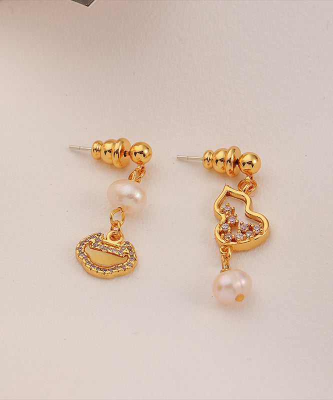 Chinese Style Gold Copper Overgild Pearl Zircon Drop Earrings QI070 JEW-EAR240928