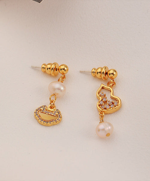 Chinese Style Gold Copper Overgild Pearl Zircon Drop Earrings QI070 JEW-EAR240928