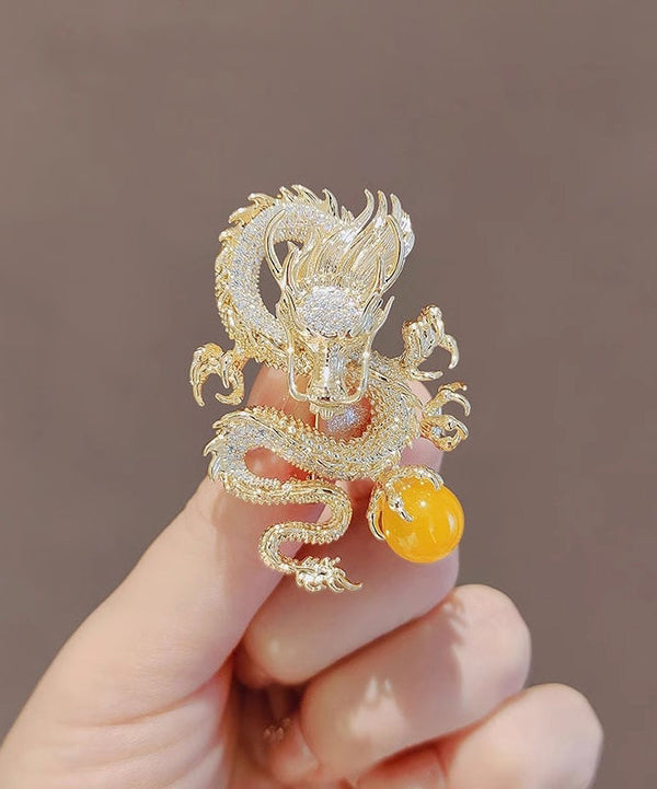 Chinese Style Gold Sterling Silver Alloy Zircon Golden Dragon Playing With Pearl Brooches WP013 JEW-BRO241112