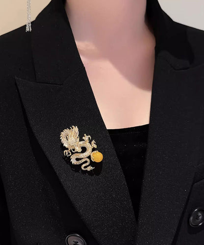 Chinese Style Gold Sterling Silver Alloy Zircon Golden Dragon Playing With Pearl Brooches WP013 JEW-BRO241112