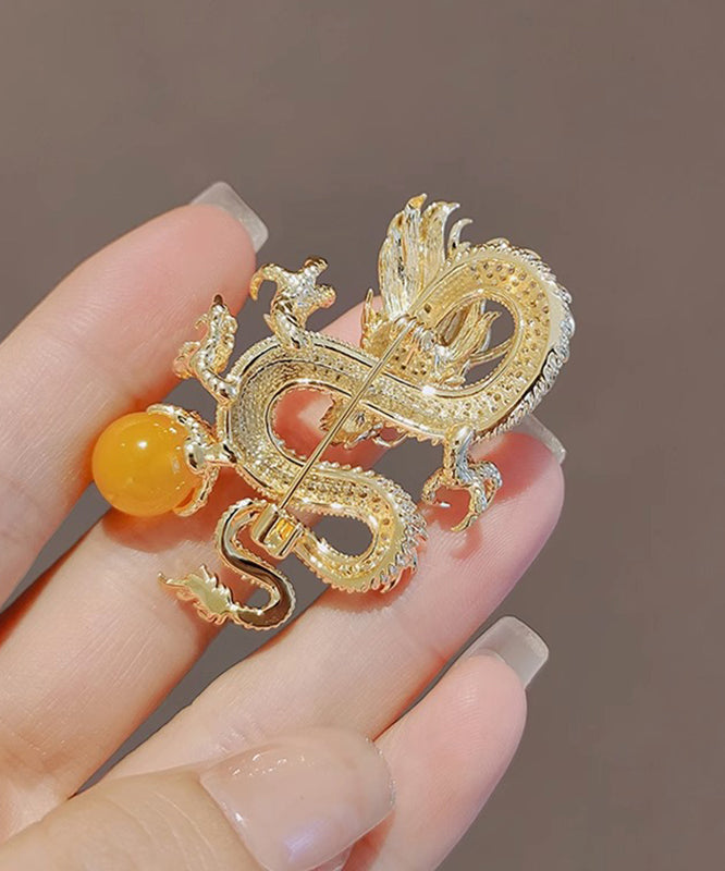 Chinese Style Gold Sterling Silver Alloy Zircon Golden Dragon Playing With Pearl Brooches WP013 JEW-BRO241112