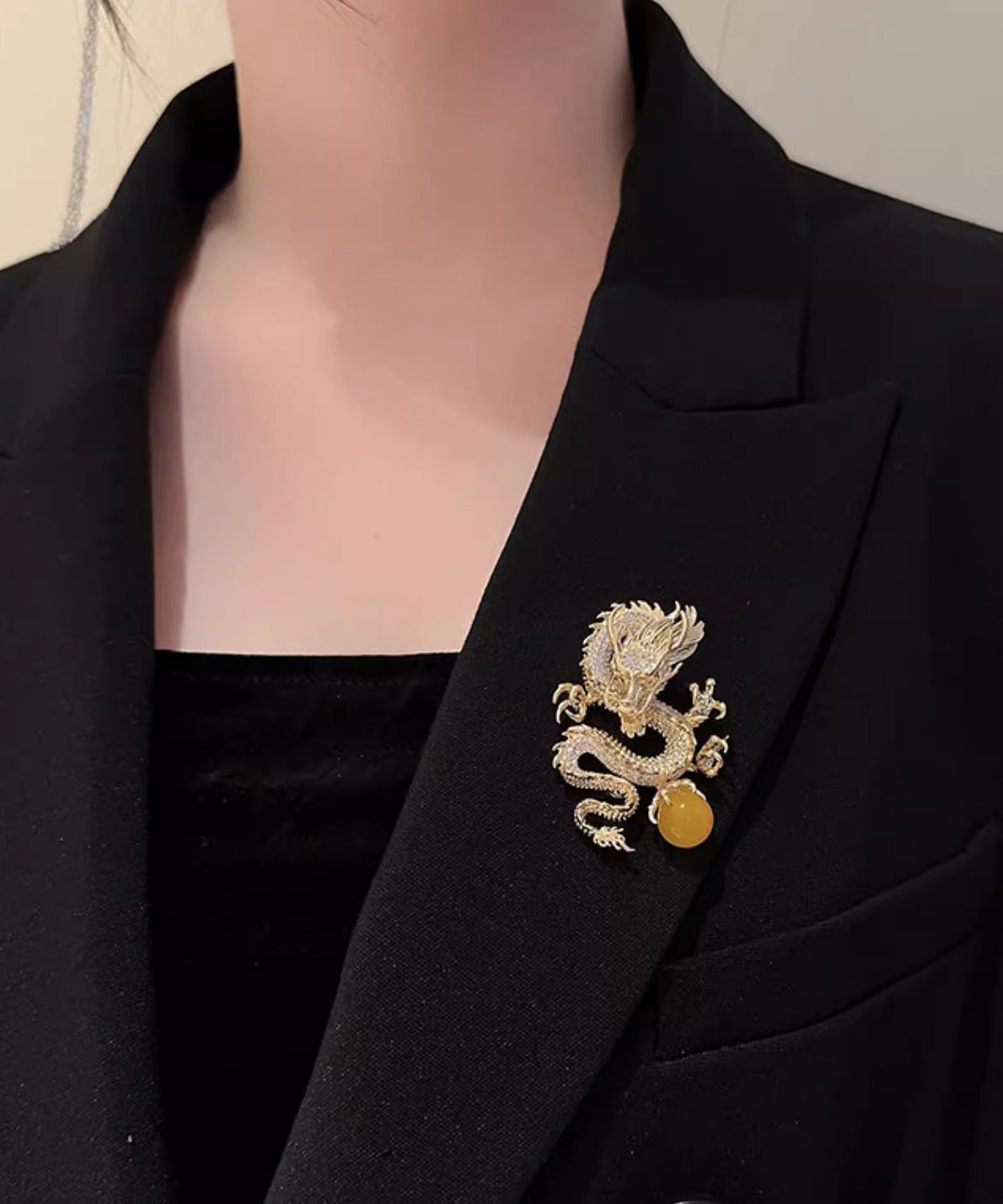 Chinese Style Gold Sterling Silver Alloy Zircon Golden Dragon Playing With Pearl Brooches WP013 JEW-BRO241112