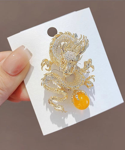 Chinese Style Gold Sterling Silver Alloy Zircon Golden Dragon Playing With Pearl Brooches WP013 JEW-BRO241112