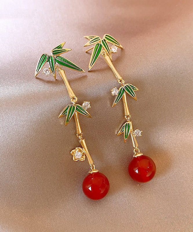 Chinese Style Gold Sterling Silver Overgild Agate Bamboo Joint Tassel Drop Earrings EY001 ABC