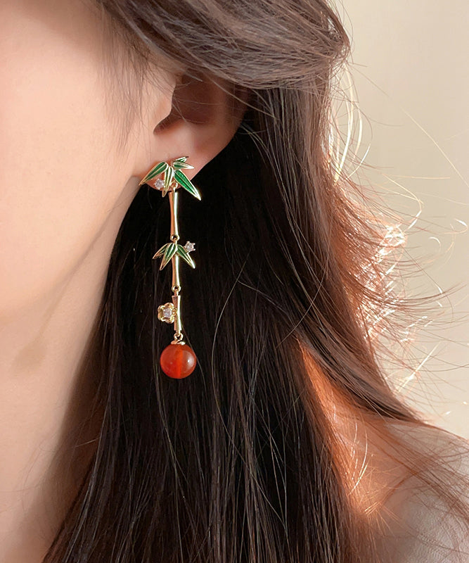 Chinese Style Gold Sterling Silver Overgild Agate Bamboo Joint Tassel Drop Earrings EY001 ABC