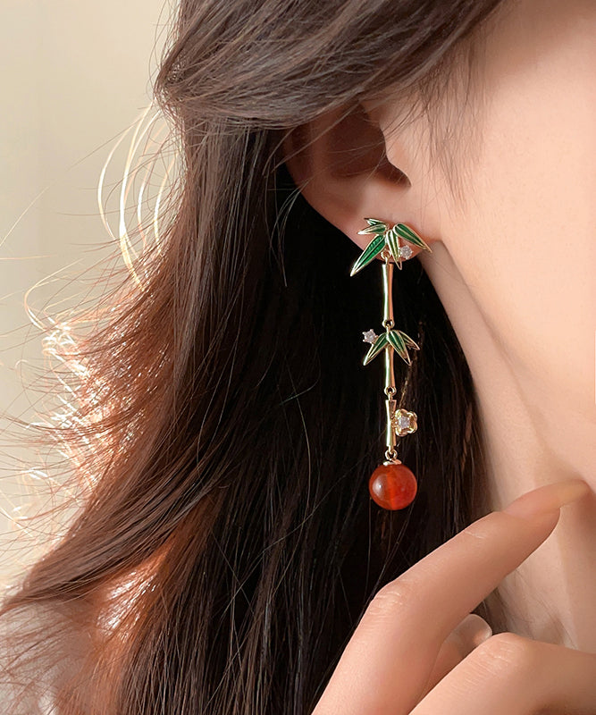 Chinese Style Gold Sterling Silver Overgild Agate Bamboo Joint Tassel Drop Earrings EY001 ABC