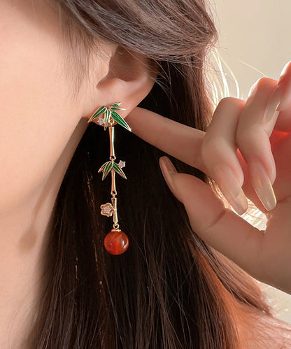 Chinese Style Gold Sterling Silver Overgild Agate Bamboo Joint Tassel Drop Earrings EY001 ABC