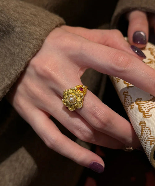 Chinese Overgild Pearl Rings Stone Style Sterling Gold Gem Silver FashionChic