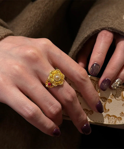 Chinese Overgild Pearl Rings Stone Style Sterling Gold Gem Silver FashionChic