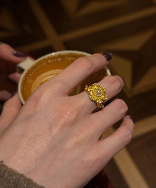 Chinese Overgild Pearl Rings Stone Style Sterling Gold Gem Silver FashionChic
