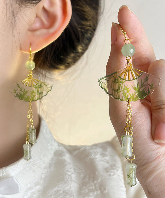 Chinese Style Green Acrylic Alloy Jade Bamboo Fan Tassel Drop Earrings WH039 JEW-EAR241116