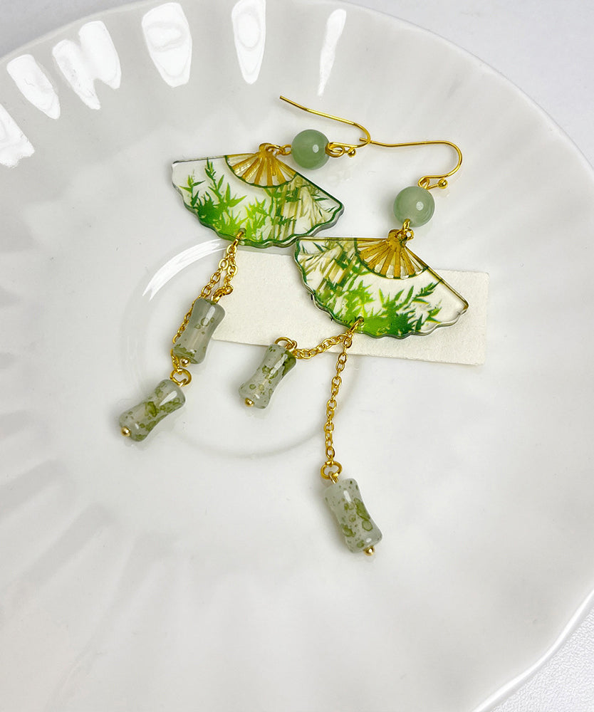 Chinese Style Green Acrylic Alloy Jade Bamboo Fan Tassel Drop Earrings WH039 JEW-EAR241116