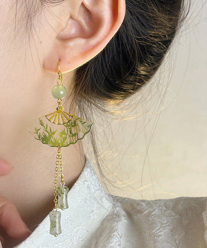 Chinese Style Green Acrylic Alloy Jade Bamboo Fan Tassel Drop Earrings WH039 JEW-EAR241116