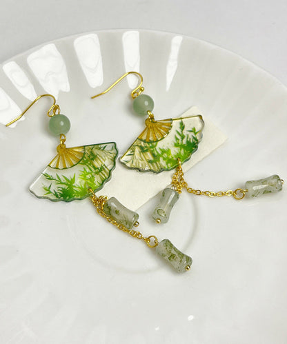 Chinese Style Green Acrylic Alloy Jade Bamboo Fan Tassel Drop Earrings WH039 JEW-EAR241116