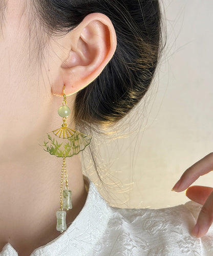 Chinese Style Green Acrylic Alloy Jade Bamboo Fan Tassel Drop Earrings WH039 JEW-EAR241116