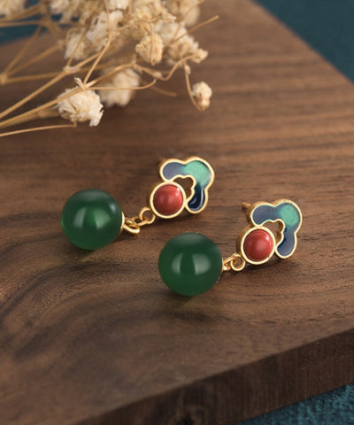 Style Gold Earrings Green Chalcedony Ancient Chinese Drop FashionChic
